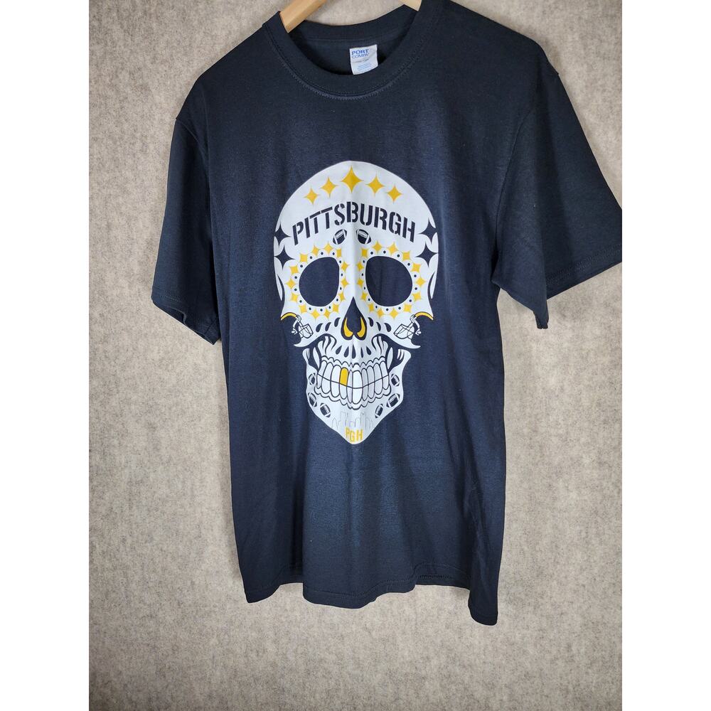 PITTSBURGH STEELERS Black White Football Sugar Skull Unisex T-Shirt SZ M - Picture 3 of 6